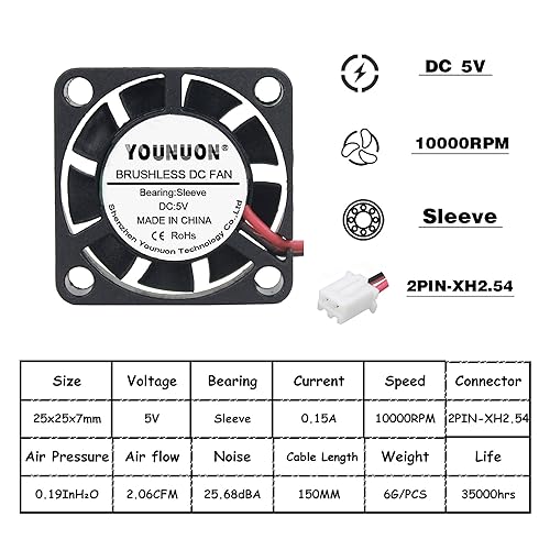 Mini ventilateur de refroidissement 25x25mm 5V pour boîtier d'imprimante 3D