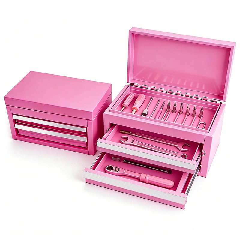 Mini-Werkzeugkoffer mit 2 Schubladen & 1 Ablagefach 27,5 x 15 x 15 cm | Kugelgelagerte Auszugsschiene, Kaltgewalzter Stahl, Rosa