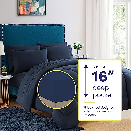 California King Comforter Set - Soft & Breathable 7-Piece Bedding Collection - 1 Comforter, 1 Fitted Sheet, 1 Flat, 4 Pillowcases - Deep Pocket - Premium Quality - Ideal for All Seasons, Navy