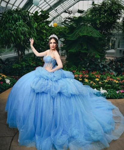 Puffy Tulle Quinceanera Dresses Sparkly Lace Ball Gown Strapless Sweet 16 Dresses3