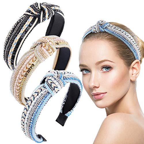 3 PCS Boho Headband for Women Embroidery Bohe Hairband for Girls Wide Head Bands Vintage Turban Hair Hoop Retro Ethnic Style Old School Ribbon Hair Accessories for Sports Yoga Daily Use (Pack of 3)