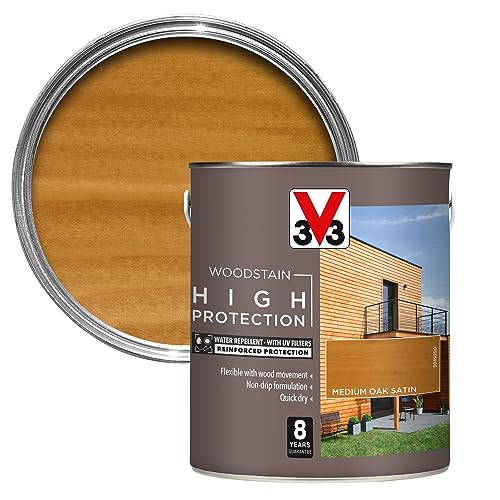V33 High Protection Woodstain - 8-Year Guarantee - UV Filters - Water-Repellent - Quick-Drying - Only 2 Coats - Medium Oak 2.5 litres
