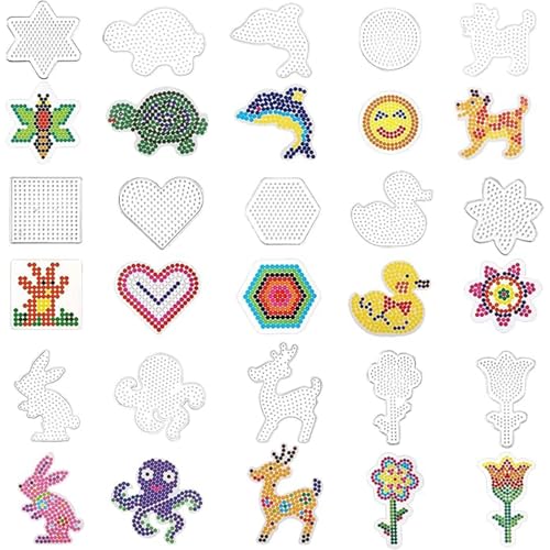15 St&uuml;ck B&uuml;gelperlen Platten,5mm B&uuml;gelperlen Vorlagen,Transparente B&uuml;gelperle Steckplatten,mit B&uuml;gelpapier Zubeh&ouml;r, 15 Muster Basteln Handwerk f&uuml;r Kinder Geschenk Jungs M&auml;dchen