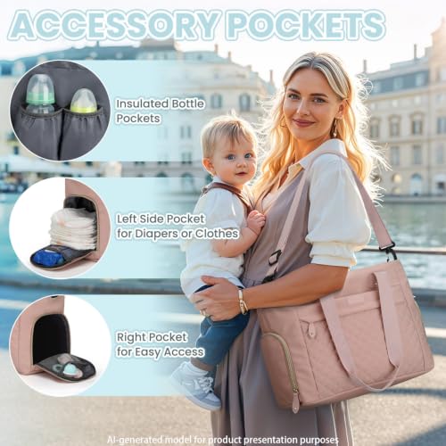 Image of Pritent Diaper Bag Tote for Working Mom, Large Travel Diaper Tote for Mom and Dad with 14 Inch Laptop Sleeve, Mommy Maternity Travel Baby Bag for Boys and Girls, Pink