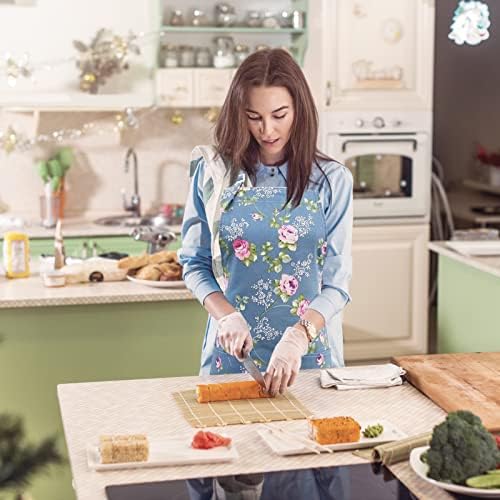 1 PCS Floral Aprons for Women, Adjustable Kitchen Apron Vintage Flower Aprons Baker Chef Apron Floral Canvas Apron Blue Bib Apron Chefs Pinafore with Pockets for Cooking Baking Gardening Restaurant