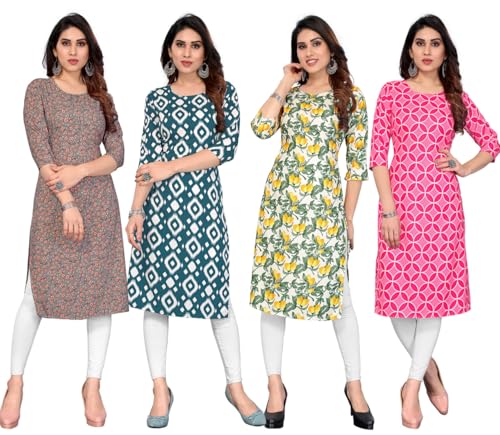 Image of JAKHANA Women's Crepe Printed Casual Straight Calf Length Round Nick Kurta Pack of 4
