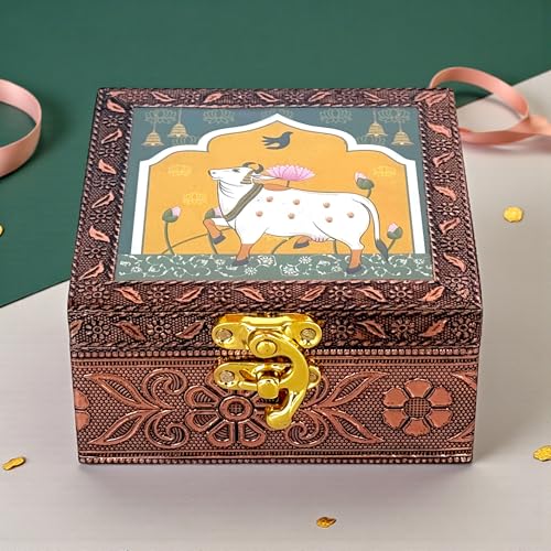 Image of Wooden Jewellery Box for Women - Royal Teal | Handcrafted Pichwai Design with Lock | 4x4 Inch Organizer for Earrings Rings | Return Gift for Wedding Diwali Pooja