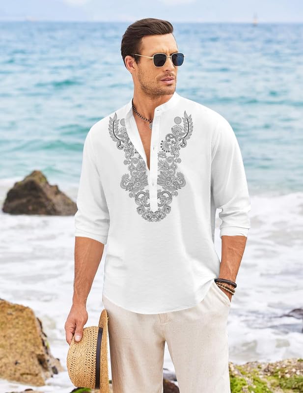 Image of FINIVO FASHION Men's Cotton Blend Short Kurta with Full Sleeves and Ethnic Neck Design | Casual Crinkle Texture Kurta with Mandarin Collar
