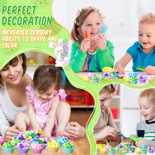 Image of Funnymoom Easter Sensory Bin Filler Fine Motor Toys Include Tweezers 2 Scissors Clips 150 Pom Pom 30 Easter Wooden Bunny and Eggs 10 Sorting Cups for Easter Sorting Counting Training