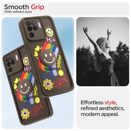 Image of Pikkme Back Cover for Oppo F19 Pro | Soft Silicone| Cute Rainbow Smile & 3D Cartoon Flower Design | Shockproof Raised Camera Protection Bumper Case (Brown)