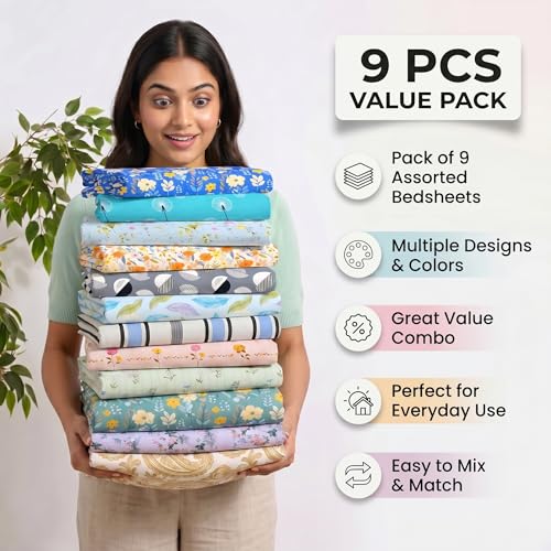 Image of VAS COLLECTIONS Cotton Feel Double Bedsheet Set 108x108 Inches | Pack of 9 Bedsheets with 18 Pillow Covers | Soft Breathable Printed Bedding for Hotels, Hostels, PG, Home, Wedding & Diwali Gift Set