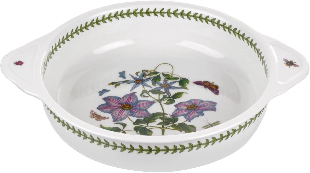 Botanic Garden 10" Round Baking Dish, Clematis Motif - Durable Porcelain Serveware with Chip-Resistant Glaze, Oven, Microwave, Freezer, Dishwasher Safe - Functional Bakware & Roaster