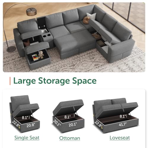 Image of HONBAY Modular Sleeper Sofa with Pull Out Bed, Central Console, Grey