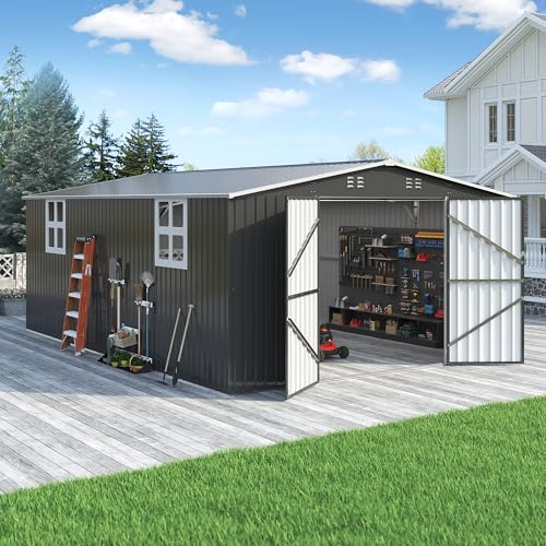 Image of AirWire 12x18 FT Outdoor Storage Shed, Garden Shed with Updated Frame Structure and Lockable Doors, Metal Tool Sheds for Backyard Garden Patio Lawn,Black