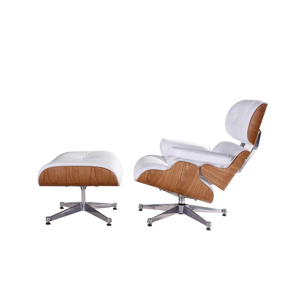 Fauteuil de salon avec pouf en cuir véritable et fond en aluminium robuste, chaise longue moderne pour chambre, salon, salon, bureau (bois de frêne+blanc)