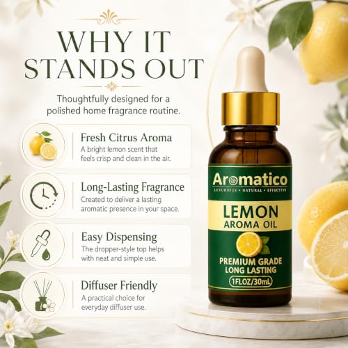 Image of AROMATICO Lemon Diffuser Oil, Premium Home Fragrance Oil for Aromatherapy, Meditation & Concentration | Versatile Use in Diffusers, Air Fresheners | 30ml