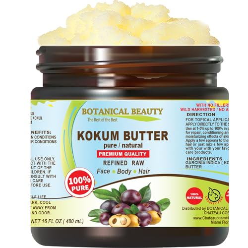 KOKUM BUTTER 100% Pure Natural REFINED Cold-Pressed 16 Fl oz 480 ml for Face, Skin, Body, Hair, Lip, Nails. Rich in Vitamin E. Beauty Moisturizing Nourishing Butter Rich in Vitamin E Botanical Beauty