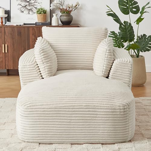 Image of 65 inch Soft Corduroy Chaise Lounge Chair Indoor, Lounge Chaise with Spring Cushion, Sleeper Sofa with No Assembly for Living Room and Apartment, White
