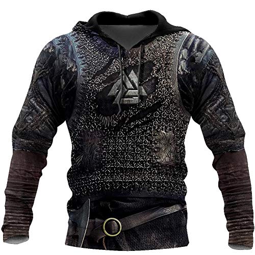 SBRTL Mens Vikings Streetwear, 3D Odin Warrior Tattoo Runeshoodie Norse Mythology Sweatshirt Long Sleeve,B,3XL