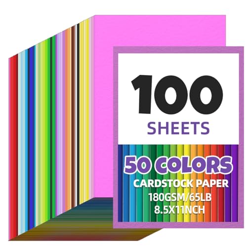 100 Sheets 8.5 x 11 Colored Cardstock Assorted Colored Cardstock 50 Colors 180GSM/65LB Multicolor Construction Paper for DIY Crafts School Supplies Party Decorations (Mix color 100Pcs)