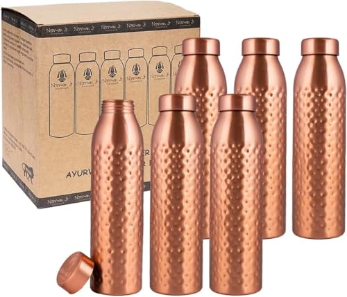 NORMAN JR. Set de 6piezas:Botella de agua de cobre 100% puro(1L),Martillada;conjunto de botellas de cobre ayurvédicas para Mujeres y hombres.Set de regalo para el Día del Padre,el Día de la Madre.