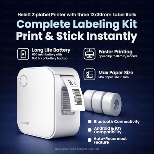 Image of helett Ziplabellite Palm-Sized Bluetooth Thermal Label Printer with 12mm x 30mm Label Rolls (3-Pack) | Portable Inkless Mini Sticker Maker | iOS & Android Compatible | 600mAh Rechargeable