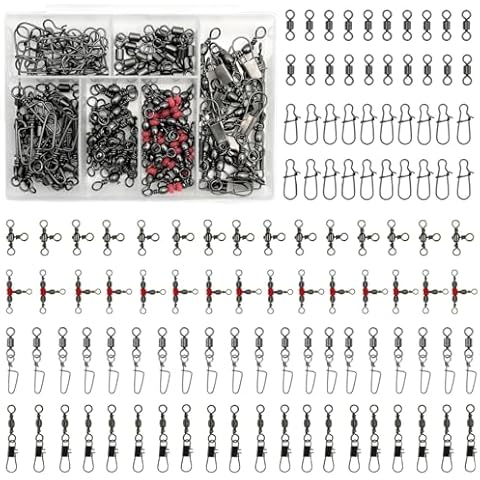 FINOSEAK 110Pcs Strong Fishing Snap Swivels Kit, Include Rolling Barrel Swivel, 3 Way Fish Swivels, Premium Fishing Swivels with Snaps Clips, Multi Swivels Fishing Tackle Box for Lures Fast Change Cover