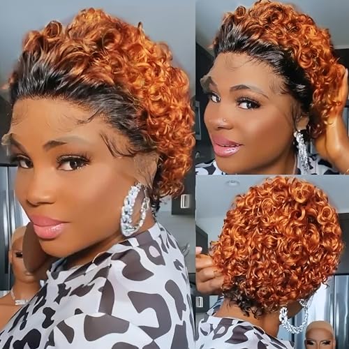 Ombre Copper Pixie Cut Wig Human Hair Short Curly...