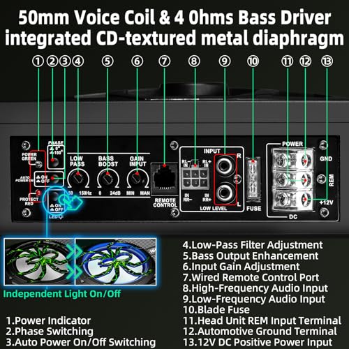 Image of Upgraded 1600W Car Subwoofer, 10 inch Ultra-Thin Under-Seat Sub with Built-in Amplifier, (LPF /Gain /Bass Boost) LED Ambient Lights, Independent Bass Knob, Distortion-Free Deep Bass(Green)