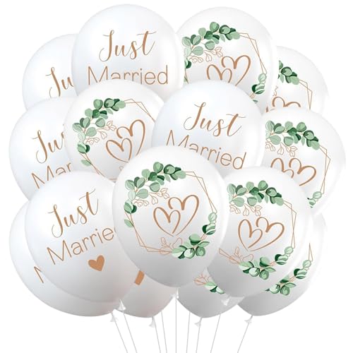 Ovanda 18 Stück Luftballons Hochzeit,12 Zoll Ballons Hochzeit Deko, Just Married Ballon,Herzen Eukalyptus Hochzeitsballons Weiß,Weiße Luftballons für Heiratsantrag Verlobung Standesamt Hochzeits Deko