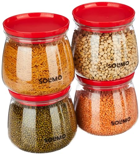 Amazon Brand - Solimo Plastic Storage Jar and Container Set I Air Tight & BPA Free Containers for Kitchen Storage Set I Grocery Kitchen Container Set I Multipurpose Jar, 800 Ml Each, Set 4, Red