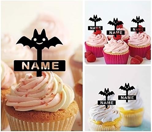 TA0550 Cute Bat Silhouette Party Wedding Birthday Acrylic Cupcake Toppers Decor 10 pcs with Personalized Your Name