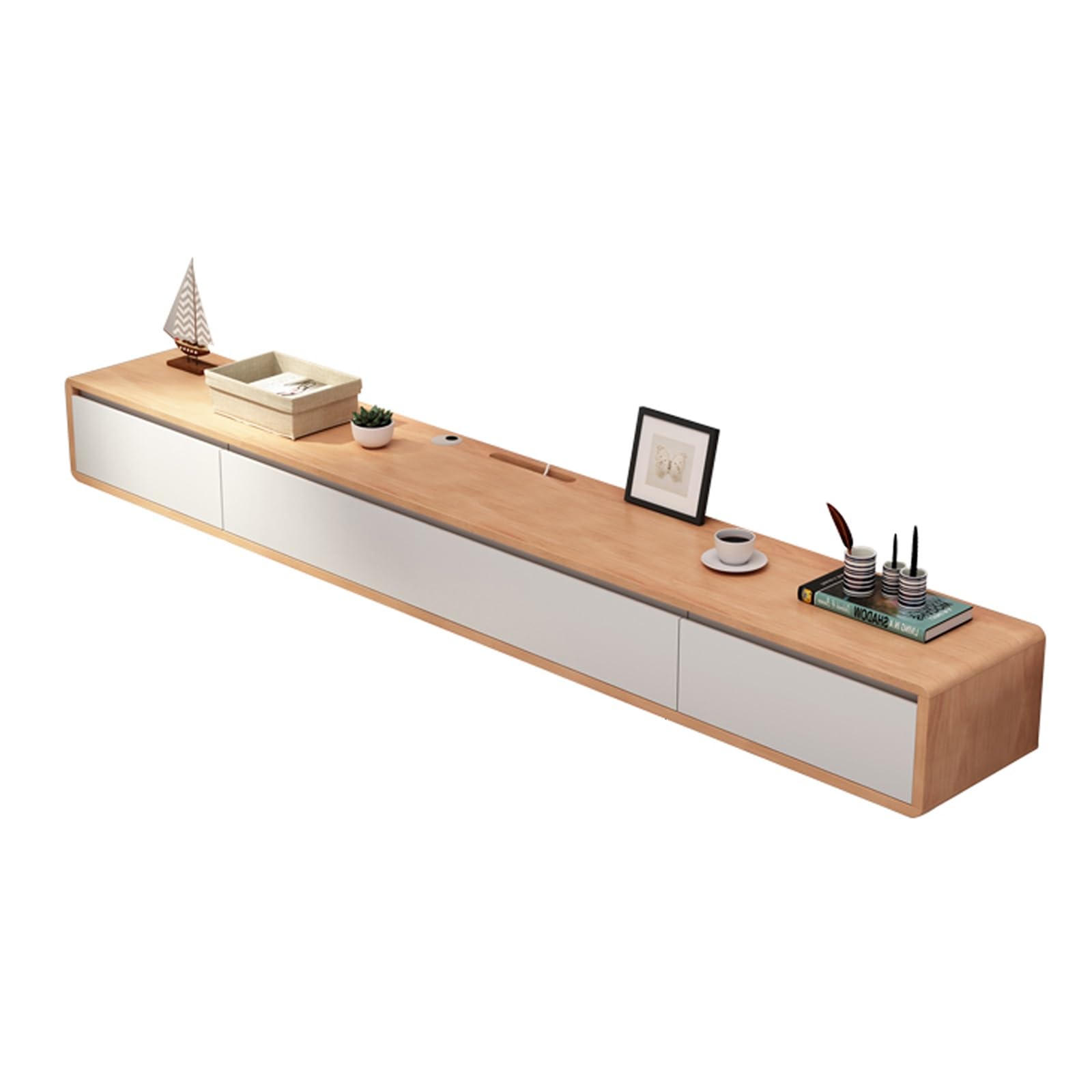 Mobile TV sospeso, Moderno Centro di intrattenimento sospeso con 2 cassetti portaoggetti, mensola TV in Legno massello, Console multimediale per Soggiorno, Camera da Letto (Naturale, 160 cm/63 polli