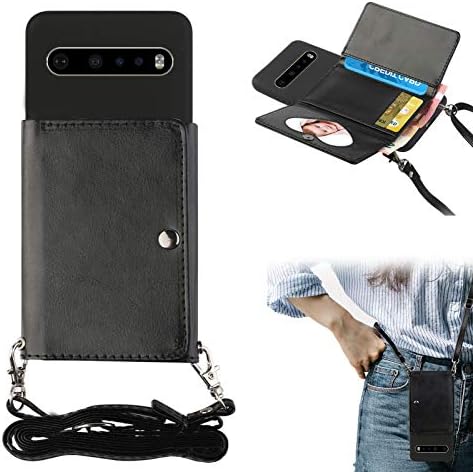 Shinyzone Lanyard Phone Case for LG V60 ThinQ,Crossbody Wallet Case with Strap for Women,PU Leather Flip Cover with Credit Card Holder Silicone Gel Soft Back Case,Black