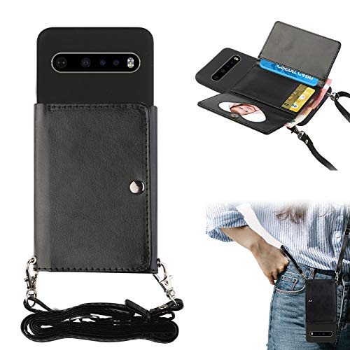 Shinyzone Lanyard Phone Case Compatible with Google Pixel 6 Pro,Crossbody Wallet Case with Strap for Women,PU Leather Flip Cover with Credit Card Holder Silicone Gel Soft Back Case,Black