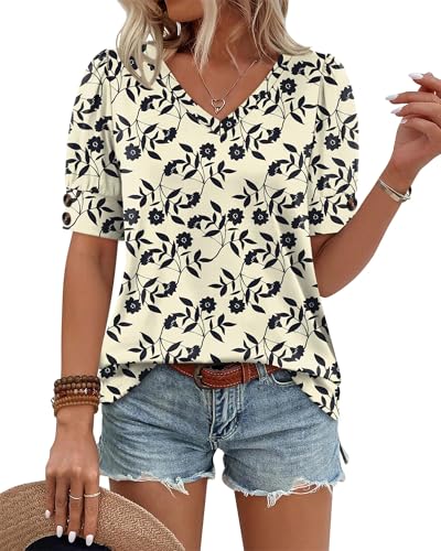 Image of OFEEFAN Womens Tops Short Sleeve Shirts Buttons V Neck Spring Fashion Summer Outfits Plus Size Blouses Dressy Casual