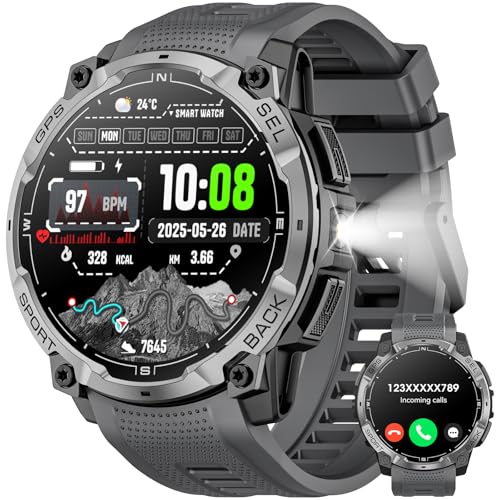 Joautrial Military Smart Watch for Men with GPS 1.43 AMOLED HD Tactical Watch with Bluetooth Call LED Flashlight Compass 100+ Sports Modes Fitness Tracker for iPhone Android (Black)