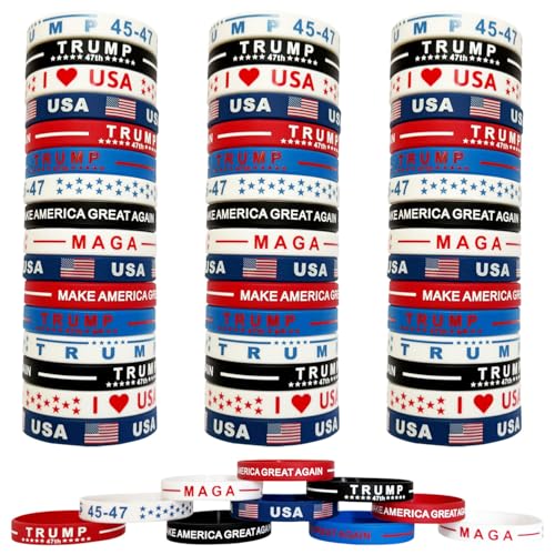 JAKADYUKS Trump Bracelets 60pcs Make Amarica Great Again American Flag Wristband USA Veterans Day Patriotic Party Accessories Fourth 4th of July Red White and Blue Decoration Memorial Day Favors
