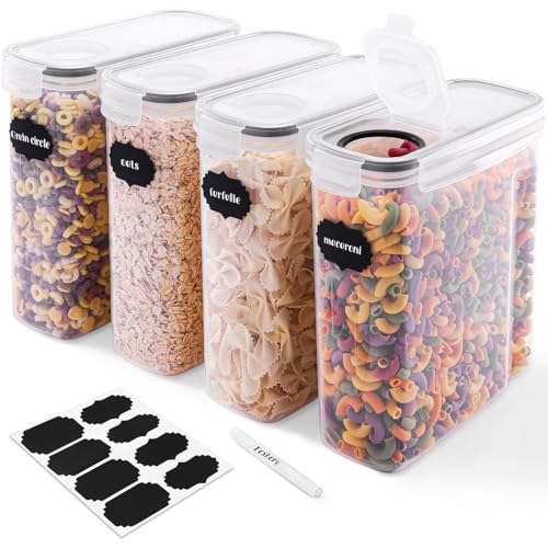 Feshory 4 Pack Cereal Containers Storage (4L/135.2oz) - Airtight Food Storage Containers, Cereal Dispenser for Pantry & Kitchen Storage Organisation with 8 Labels and Marker (4 x 4L)