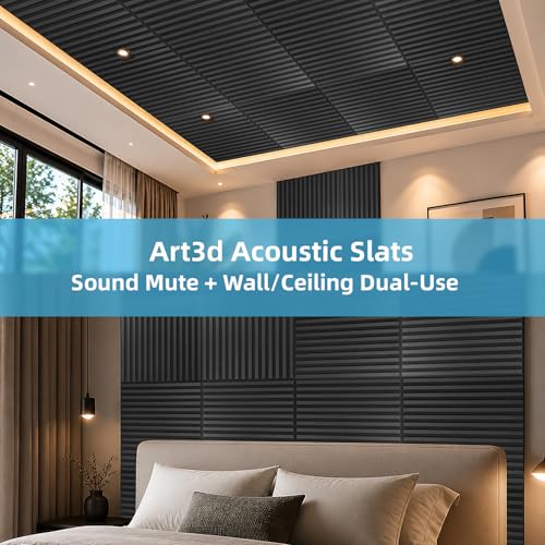 Image of Art3d 12-Pack Acoustic Wood Slat Panel & Ceiling Tile, 2 x 2 ft, Blackwood