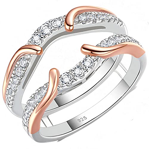 SHELOVES Two Tone Rose Gold Ring Guard 925 Sterling Silver Round CZ Ring Enhancer for Engagement Rings 5-12