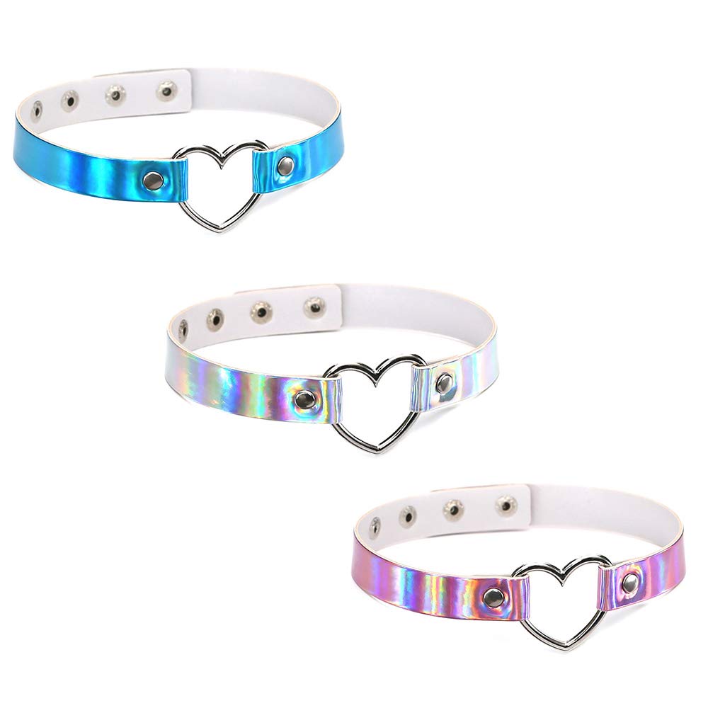 JurxyJurxy 3PCS Heart Choker Necklace PU Leather Goth Choker Collar with Heart Punk Fluorescence Collar Adjustable Size – Blue White Pink