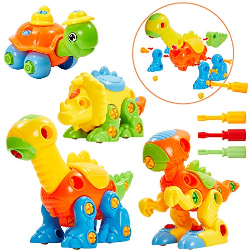 Buyger Jeu de Construction Bricolage 3 Dinosaures 1 Tortue Jouet Démontable Kit Cadeau pour Enfants 3 4 5 Ans