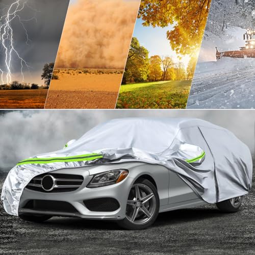 Image of Waterproof Car Covers Replace for 2008-2025 Mercedes Benz C-Class C250 C300 C350, 6 Layers Silver All Weather Car Cover with Zipper Door & Windproof Bands for Snow Rain Dust Protection