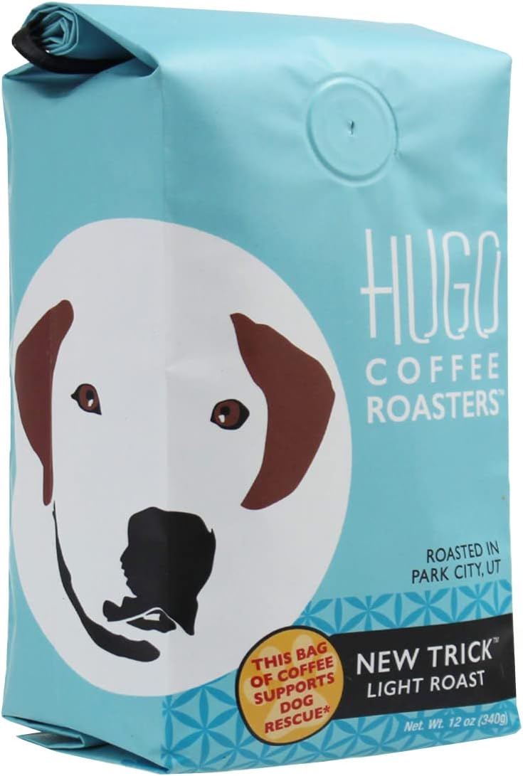 Hugo Coffee Ground Beans | New Trick Light Roast | With Bright, Playful and Sweet Tasting Notes - Supports Dog Rescues (12 oz)