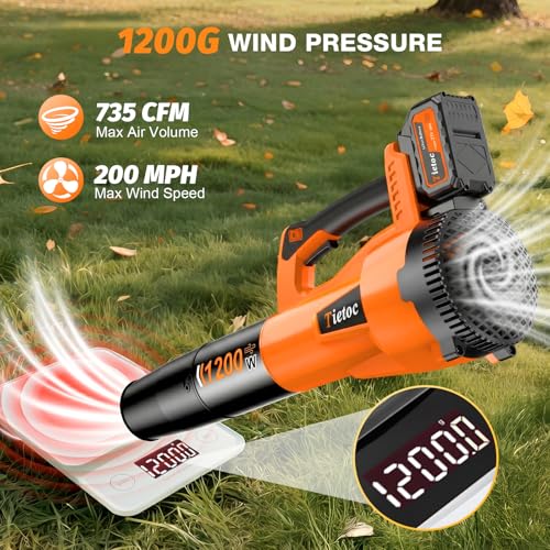 Image of Tietoc Leaf Blower Cordless,Brushless Electric Leaf Blowers w / 2x5.0Ah Battery & Fast Charger, 6 Speed Powerful Blowers for Garden Lawn Care Patio Blowing Leaves Dust Snow Gift for Men Orange