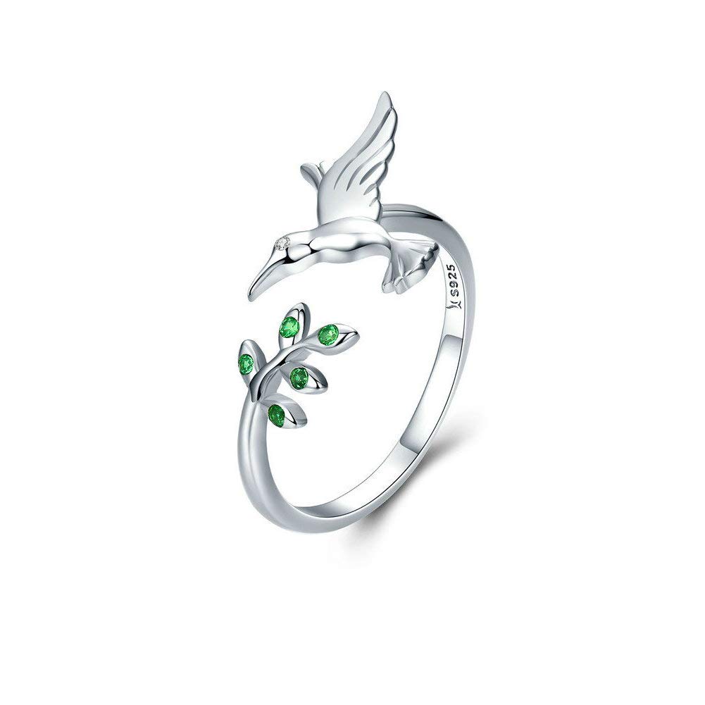 Bague ouverte en argent sterling S925 en forme de colibri avec cristal vert et zircone cubique réglable pour femme et fille