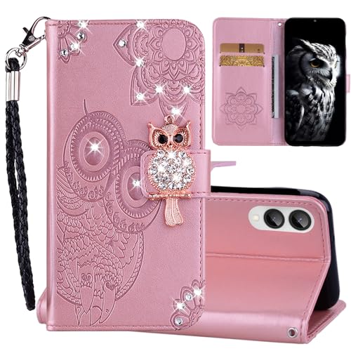 Étui en simili-cuir pour Samsung S25 Edge - Coque à rabat motif hibou rose élégant