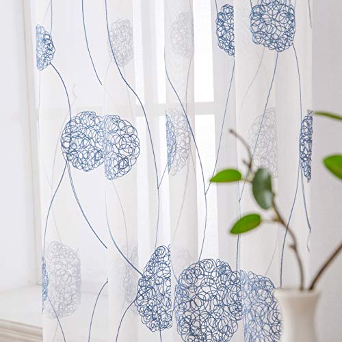 MIULEE Embroidery Sheer Curtains Flora Design Grommet Window Curtain Semi Voile Drapes Panels with Eyelets Window Treatments for Living Room Bedroom 2 Panels 55" W x 69" L Navy - Image 3