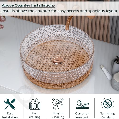 Image of Plantex Round Washbasin for Bathroom /Glass Tabletop Wash Basin /Luxury Transparent Countertop Basin for Home /Office /Hotel (15.5x15.5x5 inch)